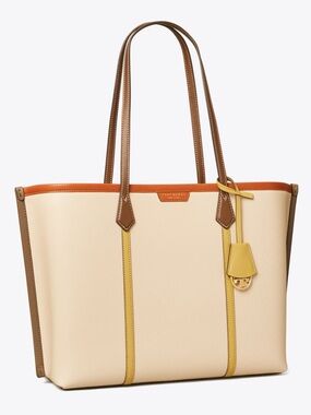 Tory Burch Cream Leather Tote with Yellow Accents and Brown Handles